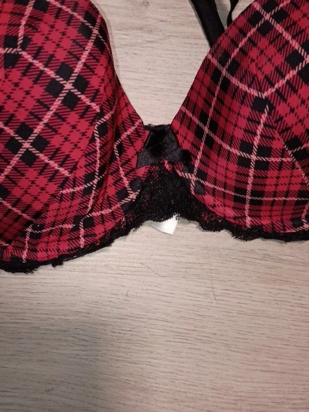 Red Plaid Push-Up Bra with Black Lace Trim